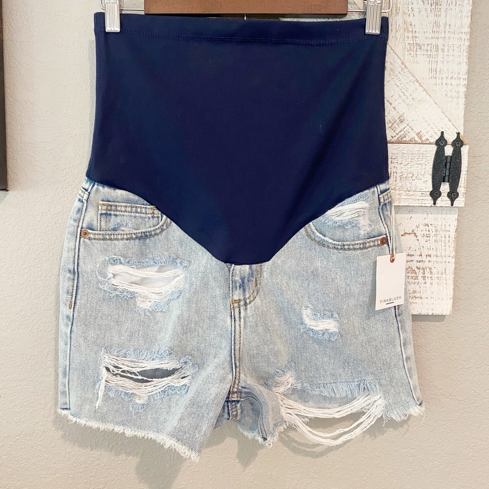 SOLD PinkBlush light wash distressed denim maternity shorts | Sz XS